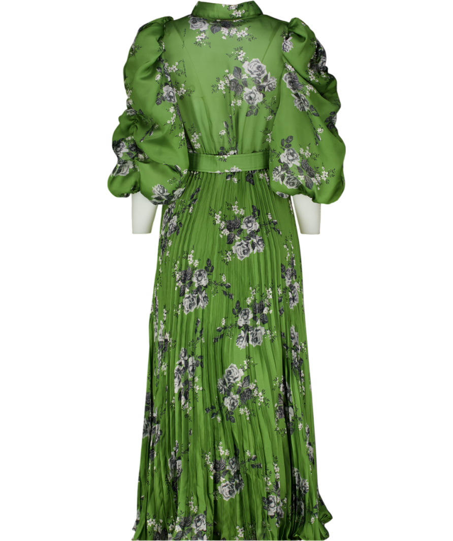 byTIMO Green Puff Sleeve Plissé Maxi Dress In "Green Roses" UK M