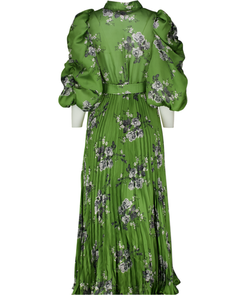 byTIMO Green Puff Sleeve Plissé Maxi Dress In "Green Roses" UK M