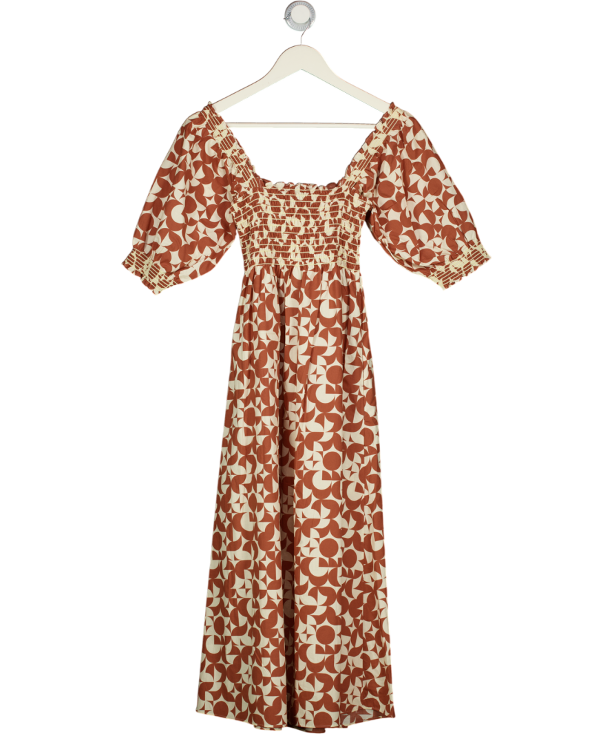 WYSE LONDON Ariana Smocked Bodice Cotton Midi Dress - Pecan Brown / Vanilla Sz 1 UK 8