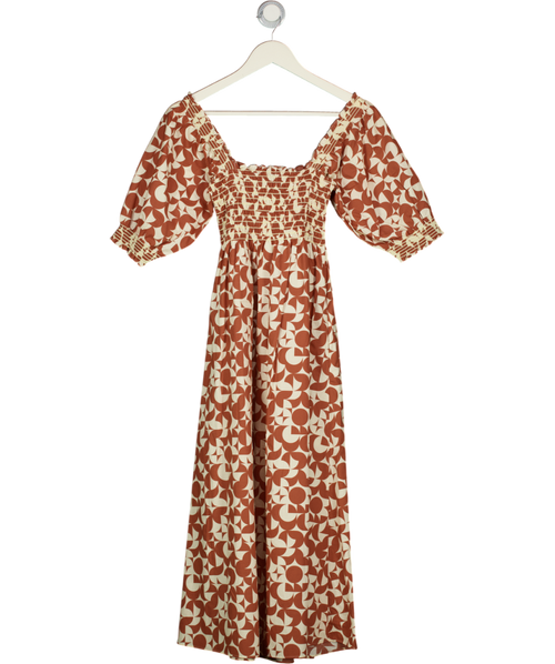 WYSE LONDON Ariana Smocked Bodice Cotton Midi Dress - Pecan Brown / Vanilla Sz 1 UK 8