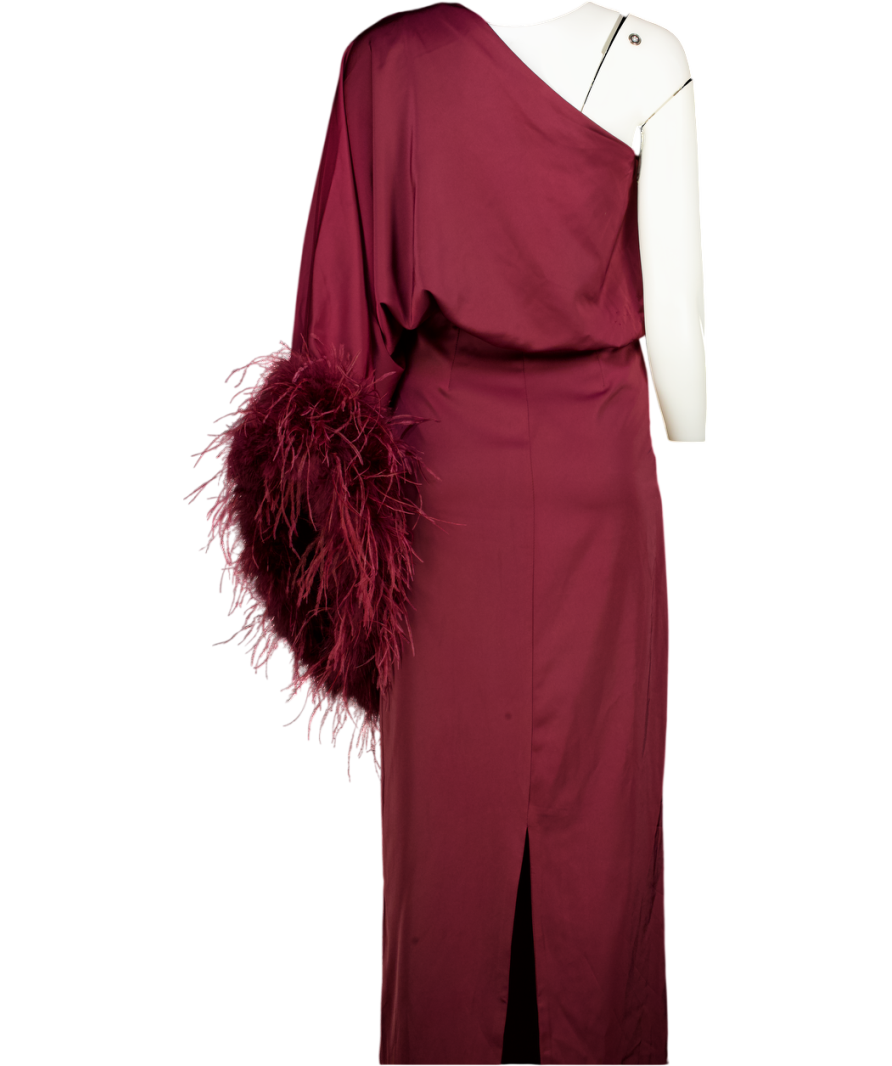 Club L Red Felicity Burgundy Satin Asymmetric-neck Maxi Dress With Feather Detailing UK 6