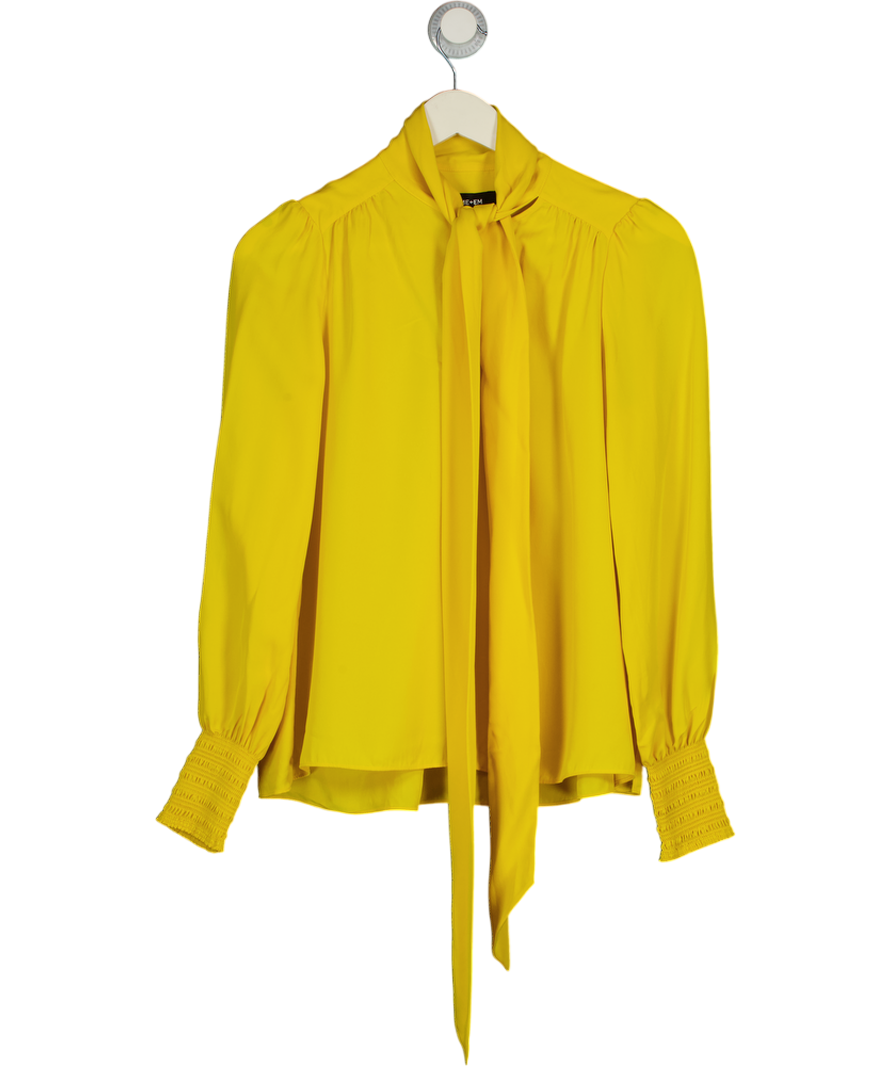 ME + EM Yellow Shirred Cuff 100% Silk Pussy Bow Blouse UK 8