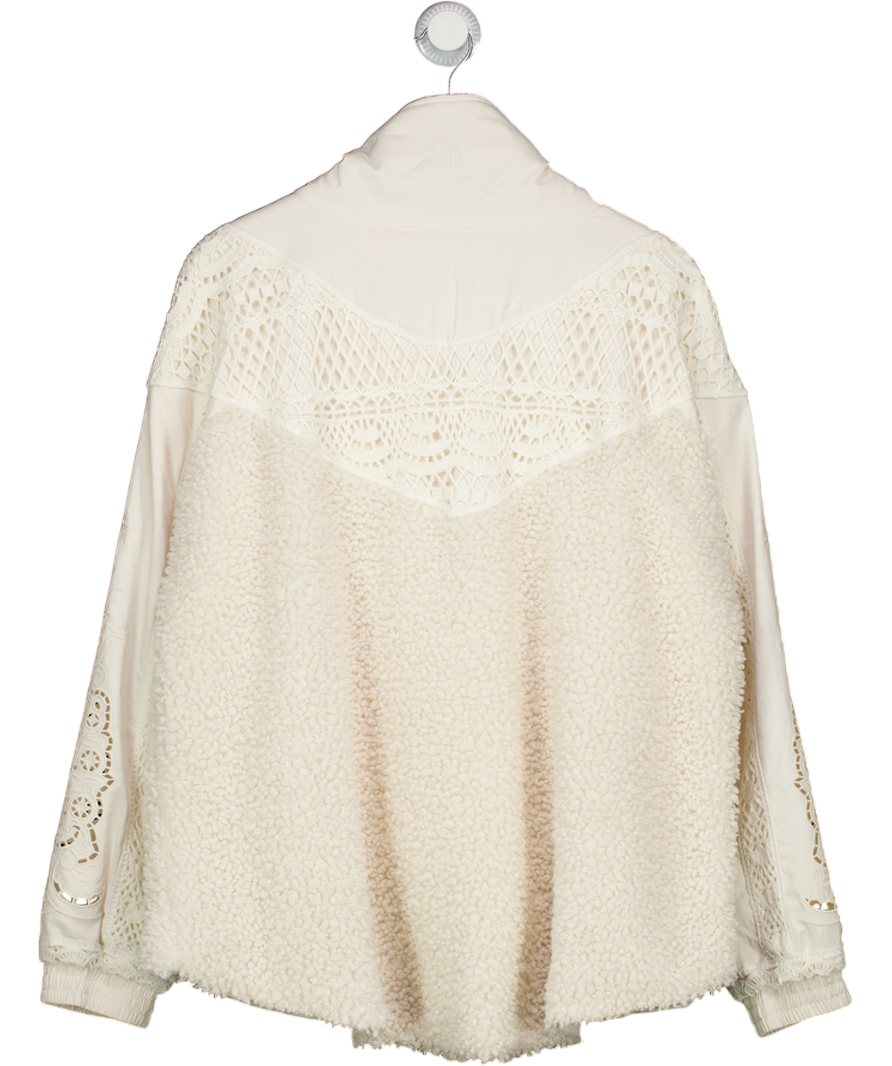 Free People Cream Borg Fleece With Embroidery & Crochet Lace Trim UK M