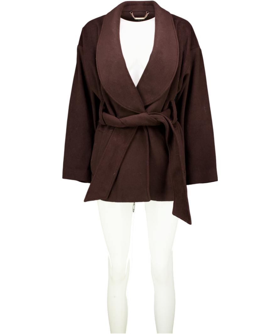 Karen Millen Chocolate Brown Brushed Wool Belted Wrap Tailored Short Coat UK 8