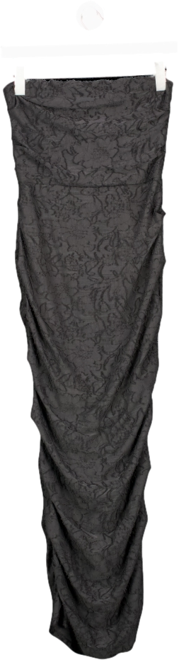 PrettyLittleThing Black Textured Floral Bandeau Ruched Side Maxi Dress UK 8