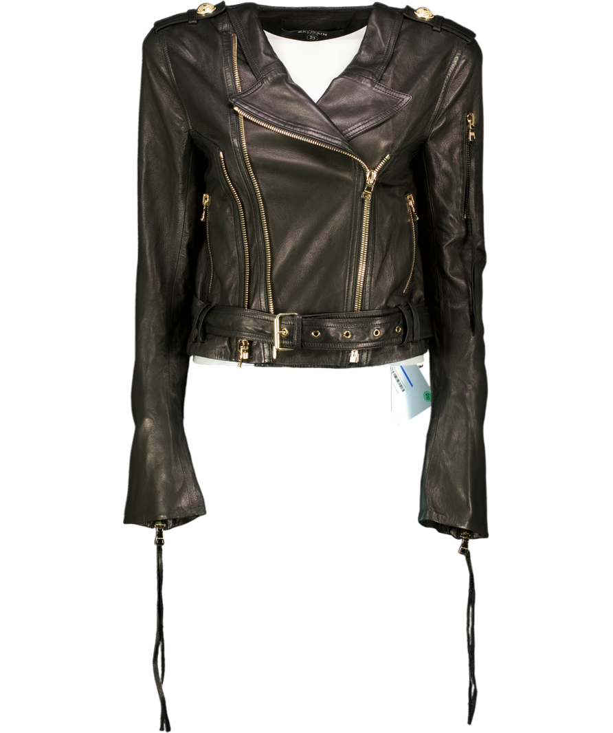 BALMAIN PARIS Black Butter Soft Leather Biker Jacket With Gold Hardware Fr38 UK 10