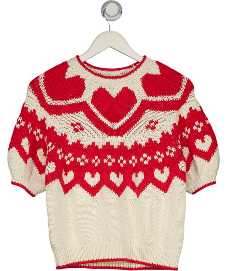 BODEN Margot Puff Sleeve T-shirt Warm Ivory  / Red Hearts UK S