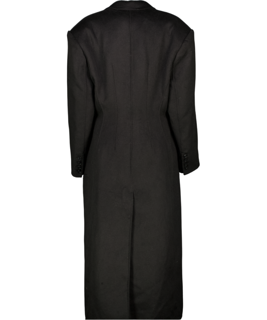 SOURCE UNKNOWN Black Wool Blend Long Coat With Padded Shoulders UK S/M