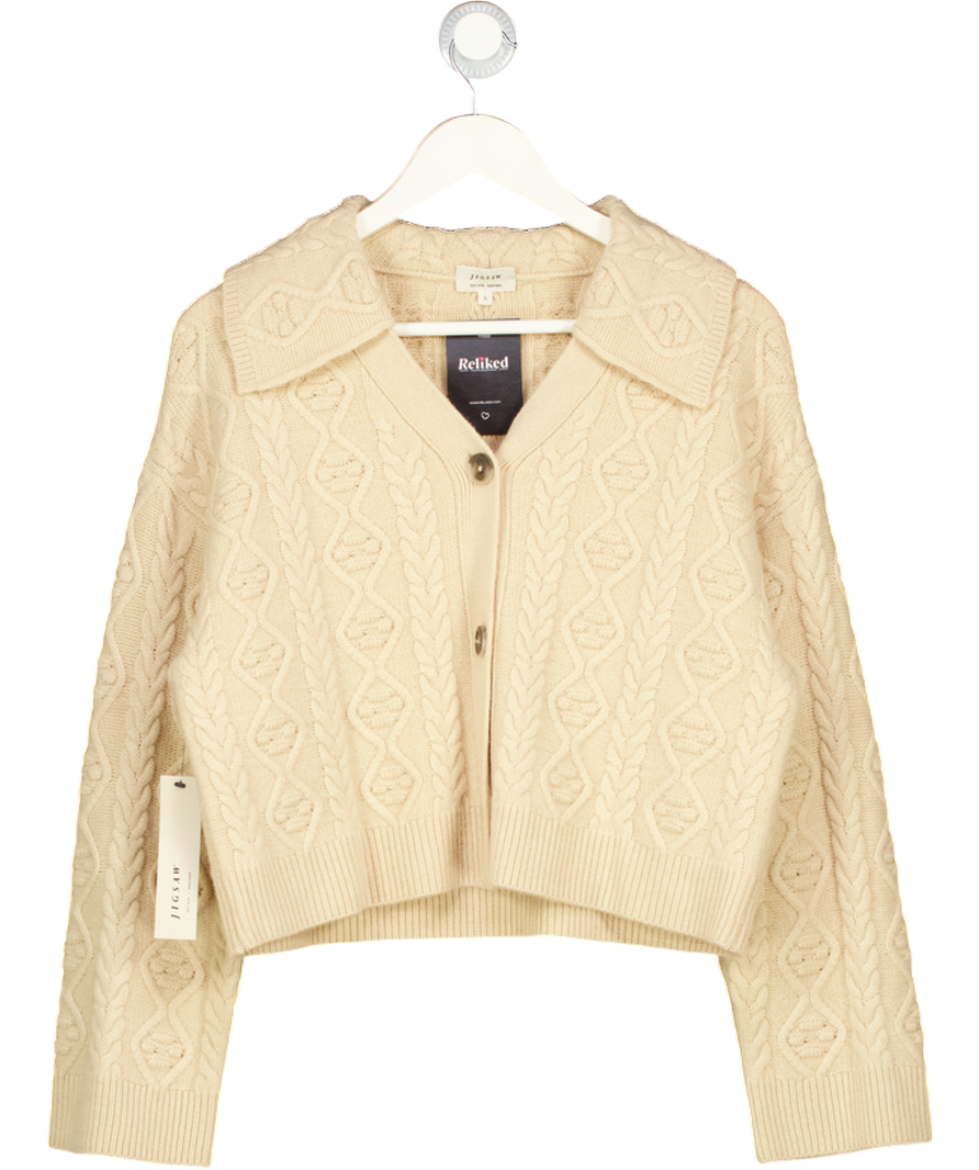 JIGSAW Cream Cashmer / Wool Blend Cable Knit Cardigan With Collar UK S