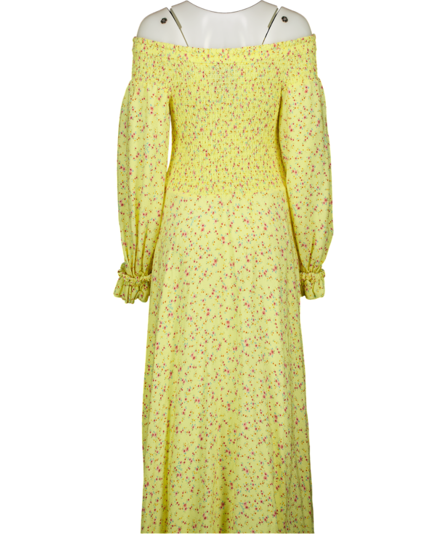 ROTATE BIRGER CHRISTENSEN Lemon Yellow Ditsy Floral Shirred On/ Off The Shoulder Viscose Maxi Dress UK 14