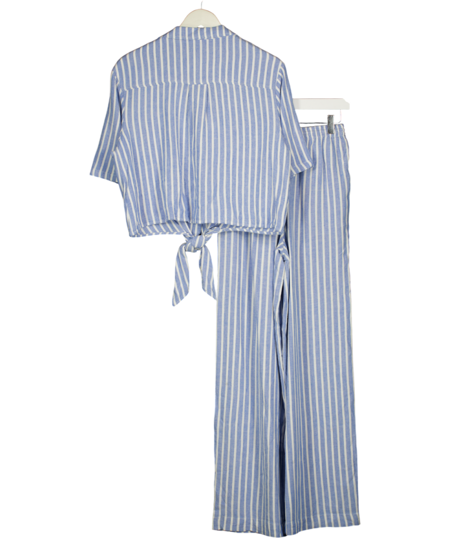 RIVER ISLAND 2-piece Blue Linen Blend Stripe Tie Shirt ( Uk S) & Wide Leg Trouser (uk Xs)   Set UK XS/S