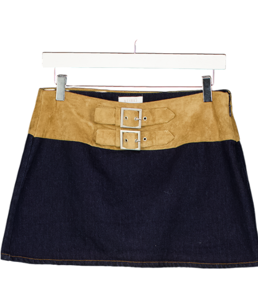 MESHKI Miranda Faux Suede Belted Denim Mini Skirt - Indigo Blue UK S