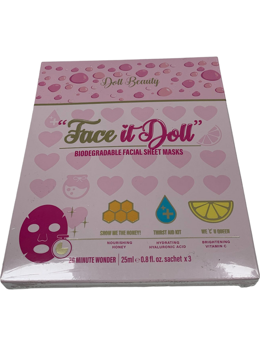 Doll Beauty Pink Biodegradable Facial Sheet Masks Hydrating Honey & Brightening Vitamin C