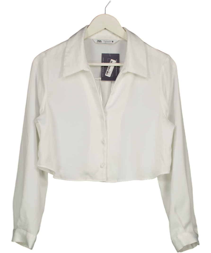 ZARA White Cropped Satin Blouse UK M
