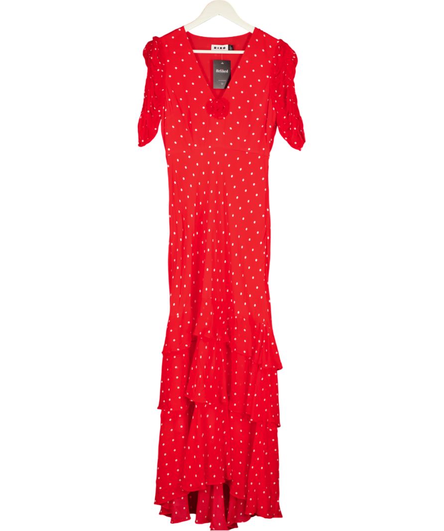 RIXO Rosheen Silk Midi Dress In Red Vintage Spot UK 8