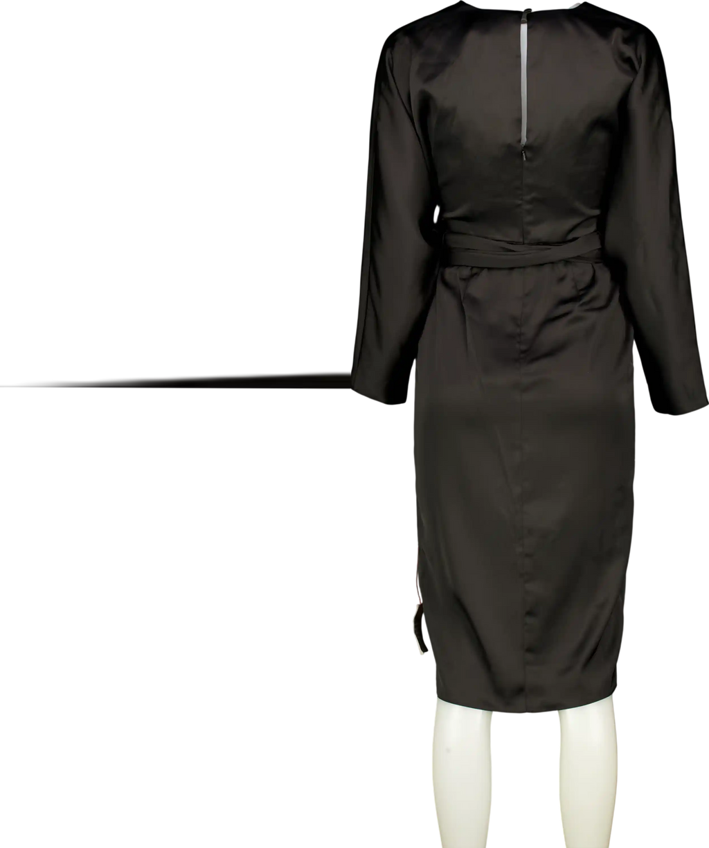 ASOS Black Satin Long Sleeve Wrap Top Midi Pencil Dress UK 8