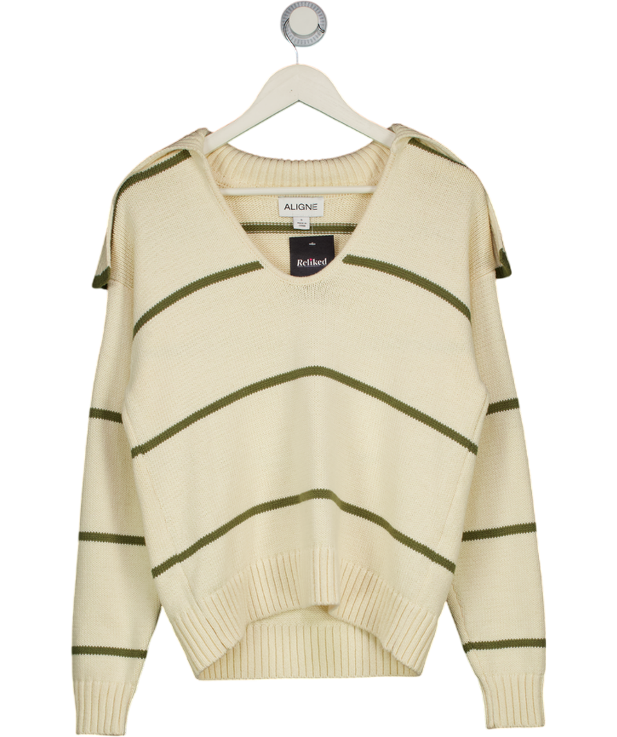 ALIGNE Cream / Olive Green Cotton Striped Knit Jumper UK S