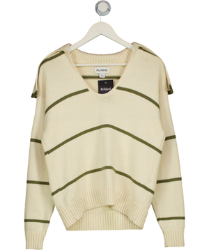 ALIGNE Cream / Olive Green Cotton Striped Knit Jumper UK S