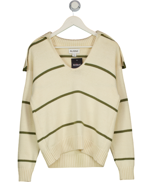 ALIGNE Cream / Olive Green Cotton Striped Knit Jumper UK S