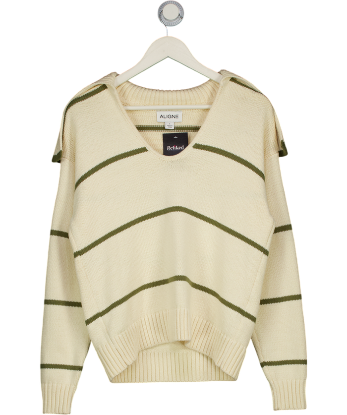 ALIGNE Cream / Olive Green Cotton Striped Knit Jumper UK S
