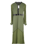 Karen Millen Olive Green Woven Sleeved Pleated Dress With Pu UK XS
