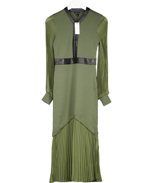 Karen Millen Olive Green Woven Sleeved Pleated Dress With Pu UK XS