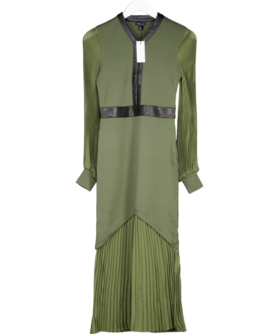 Karen Millen Olive Green Woven Sleeved Pleated Dress With Pu UK XS