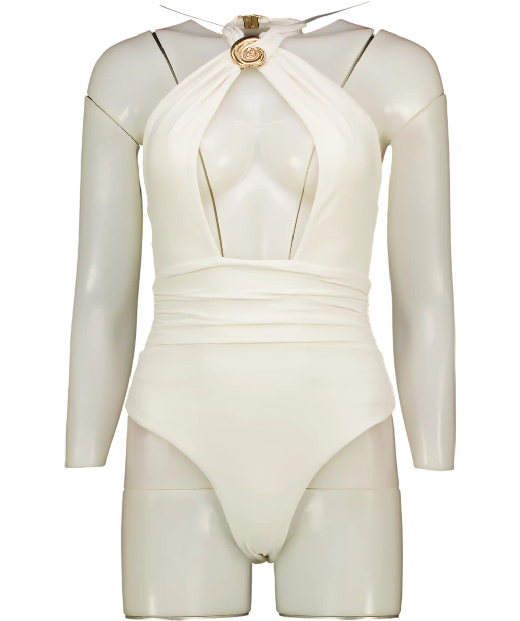 KAREN MILLEN White  / Gold Shell Hardware Halterneck Swimsuit UK XS