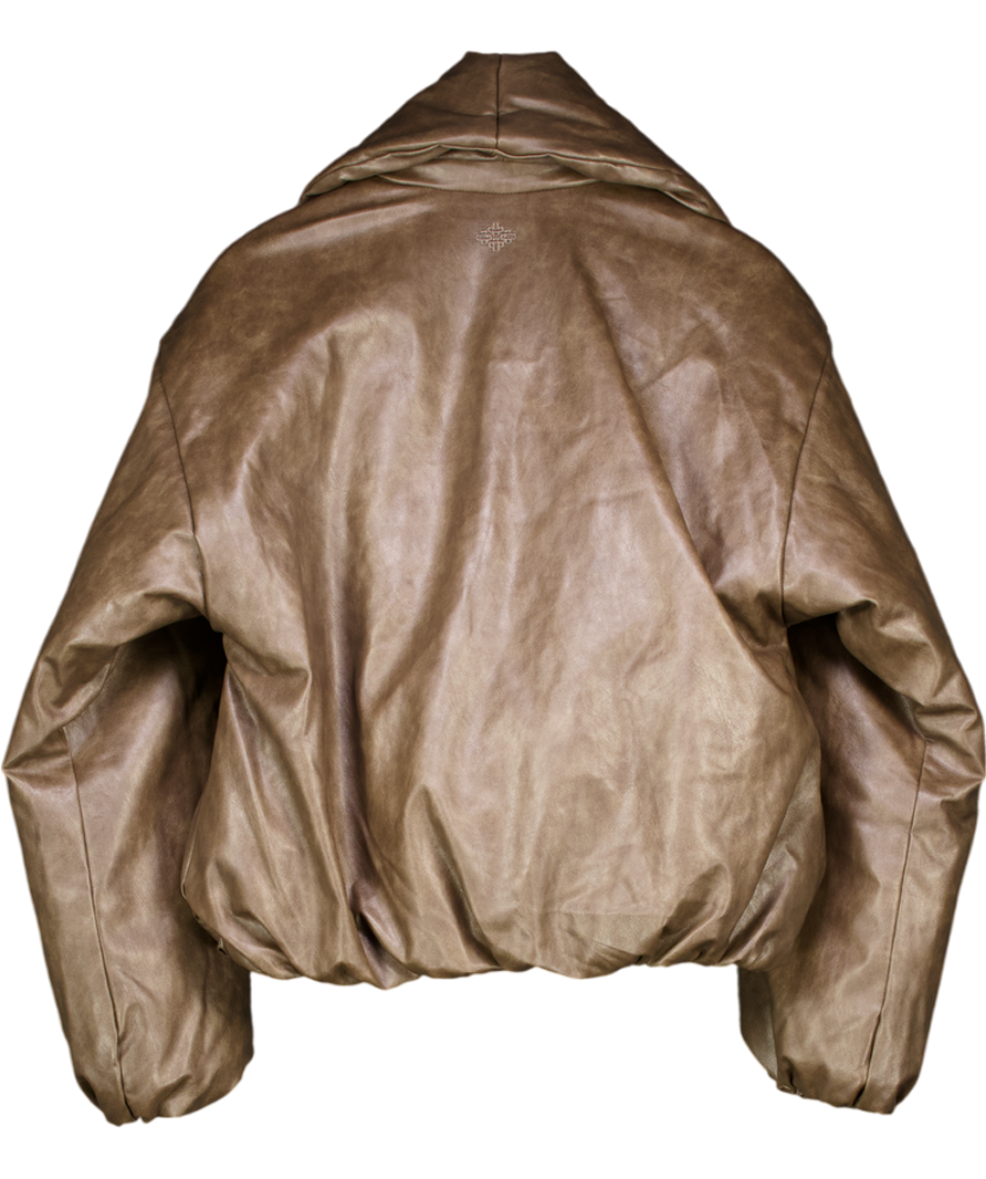 The Couture Club Brown Oversized Collar Faux Leather Puffer Coat UK M