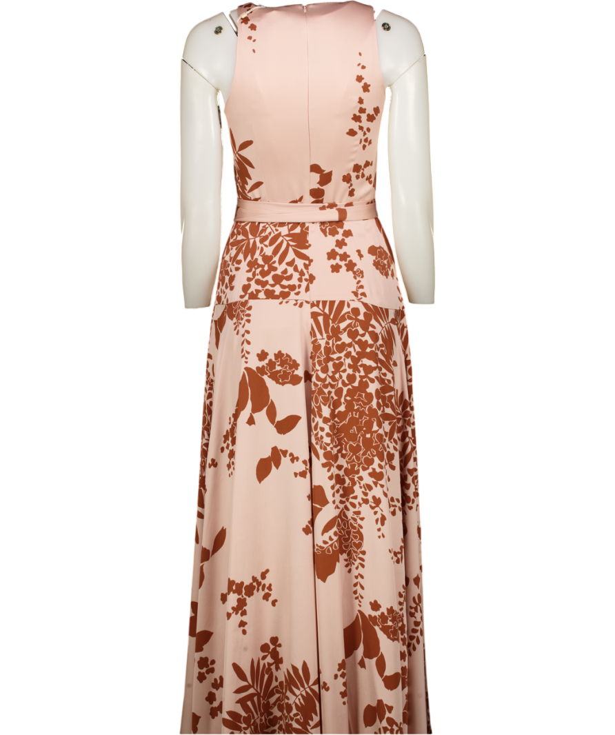 ME + EM Pink Silk Satin Draping Wisteria Print Full Length Dress + Tie-cinnamon UK 8