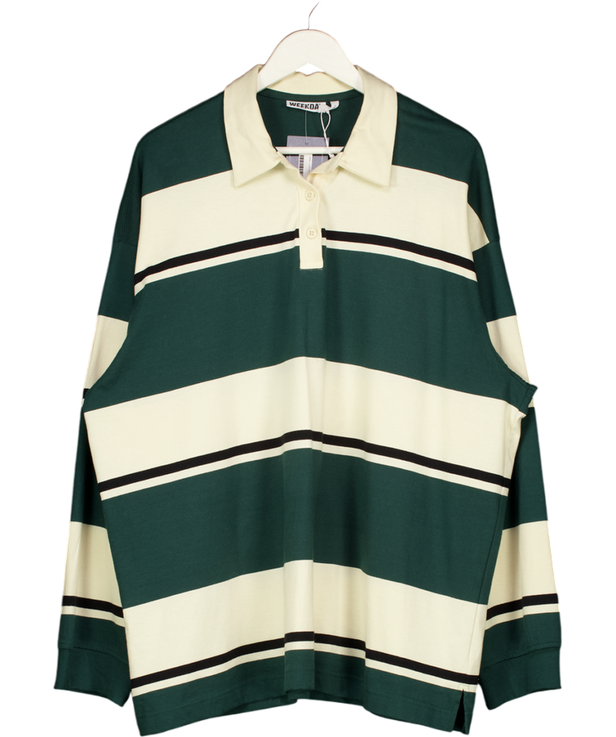 WEEKDAY Green Striped Oversized Polo Shirt UK M