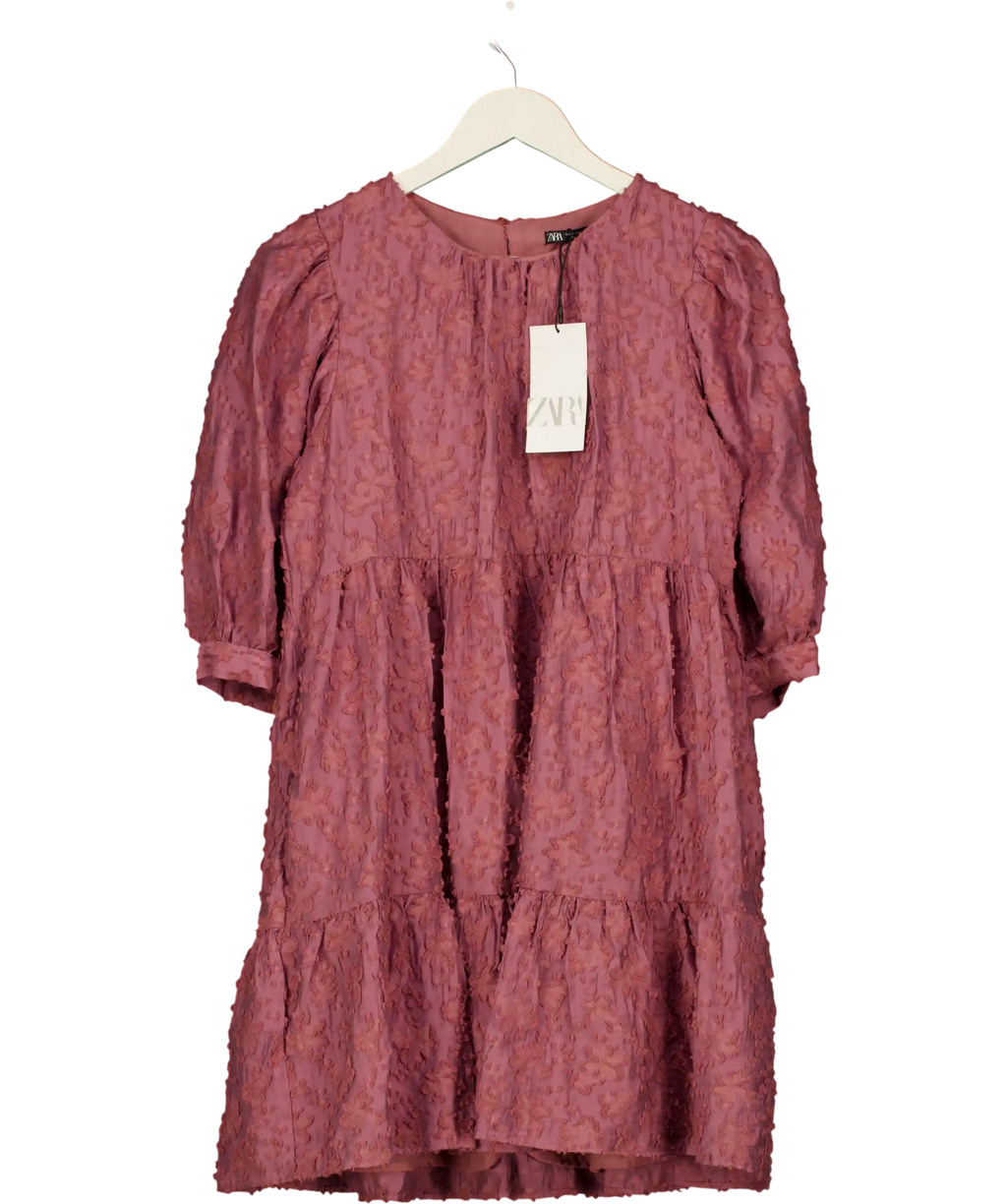 ZARA Textured Tiered Smock Mini Dress Pink UK M