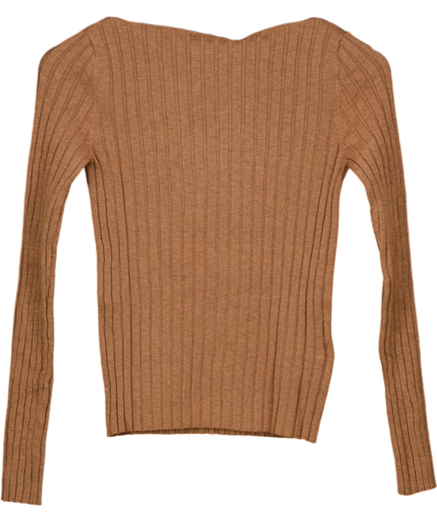 MANGO Chocolate Brown Boat Neck Ribbed Sweater UK S