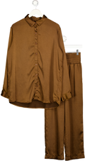 SUNDAR BAY Chocolate Brown Satin Relaxed Shirt (UK 14) And High Waisted Pants Set UK 8