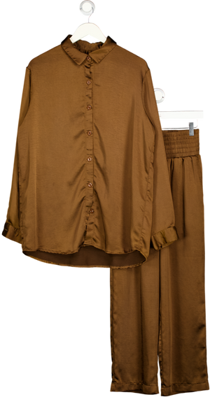 SUNDAR BAY Chocolate Brown Satin Relaxed Shirt (UK 14) And High Waisted Pants Set UK 8