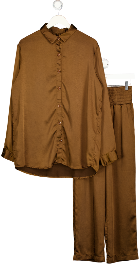 SUNDAR BAY Chocolate Brown Satin Relaxed Shirt (UK 14) And High Waisted Pants Set UK 8