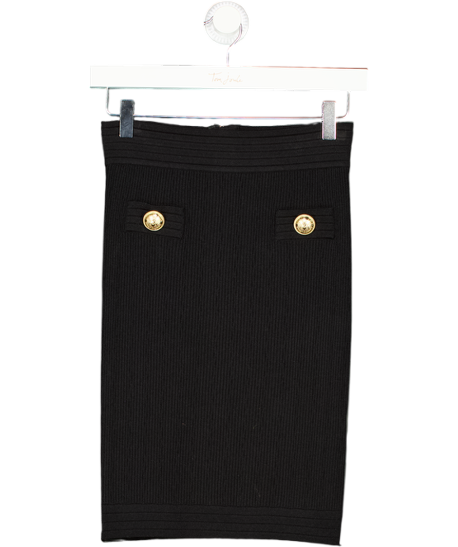 BALMAIN Black Ribbed Bodycon Mini Skirt With Gold Button Detail Fr36 UK 8