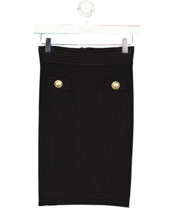 BALMAIN Black Ribbed Bodycon Mini Skirt With Gold Button Detail Fr36 UK 8