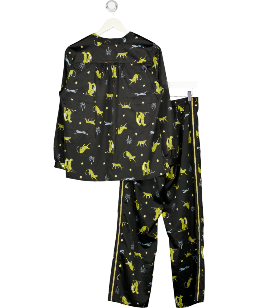 FIGLEAVES Black Cheetah Satin Pyjama Set UK 10