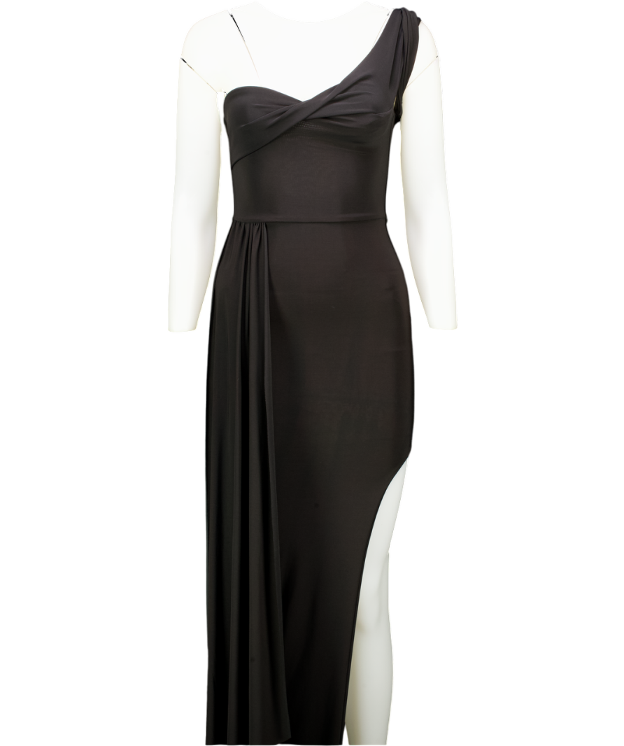Club L Black To The Max Strappy Asymmetric Split Maxi Dress With Drape UK 6