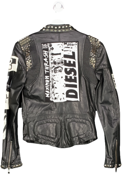 Diesel Black Leather Stud Biker Jacket UK 8