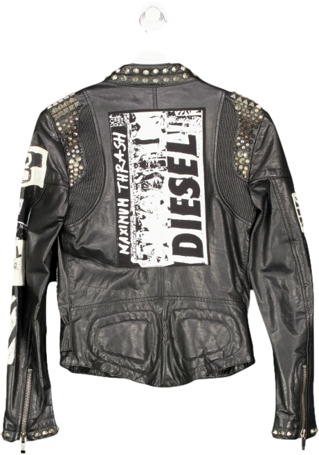 Diesel Black Leather Stud Biker Jacket UK 8