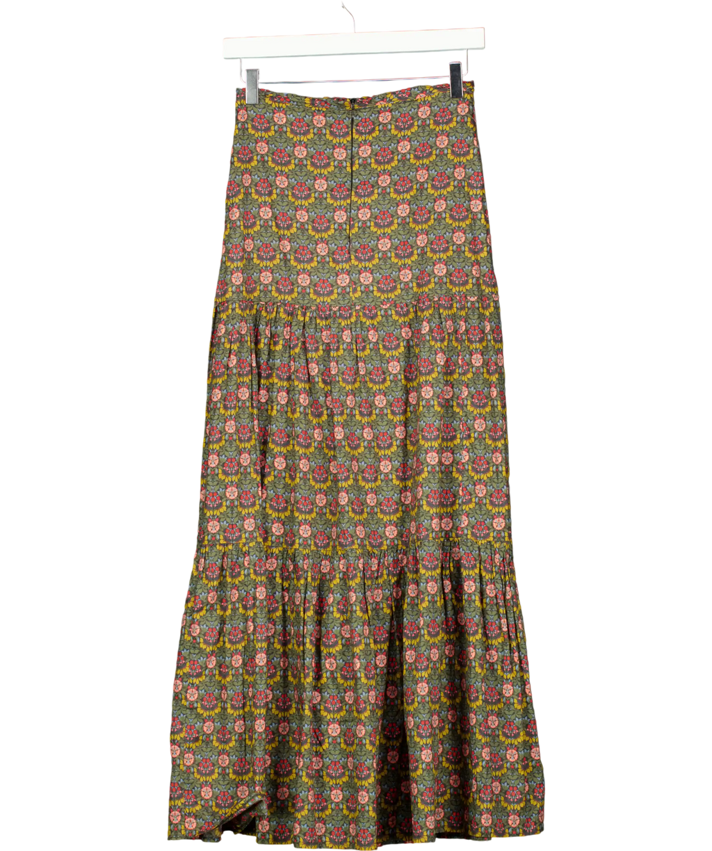 RIDLEY LONDON Olive Green Floral Tiered Cotton Midi Skirt UK 6