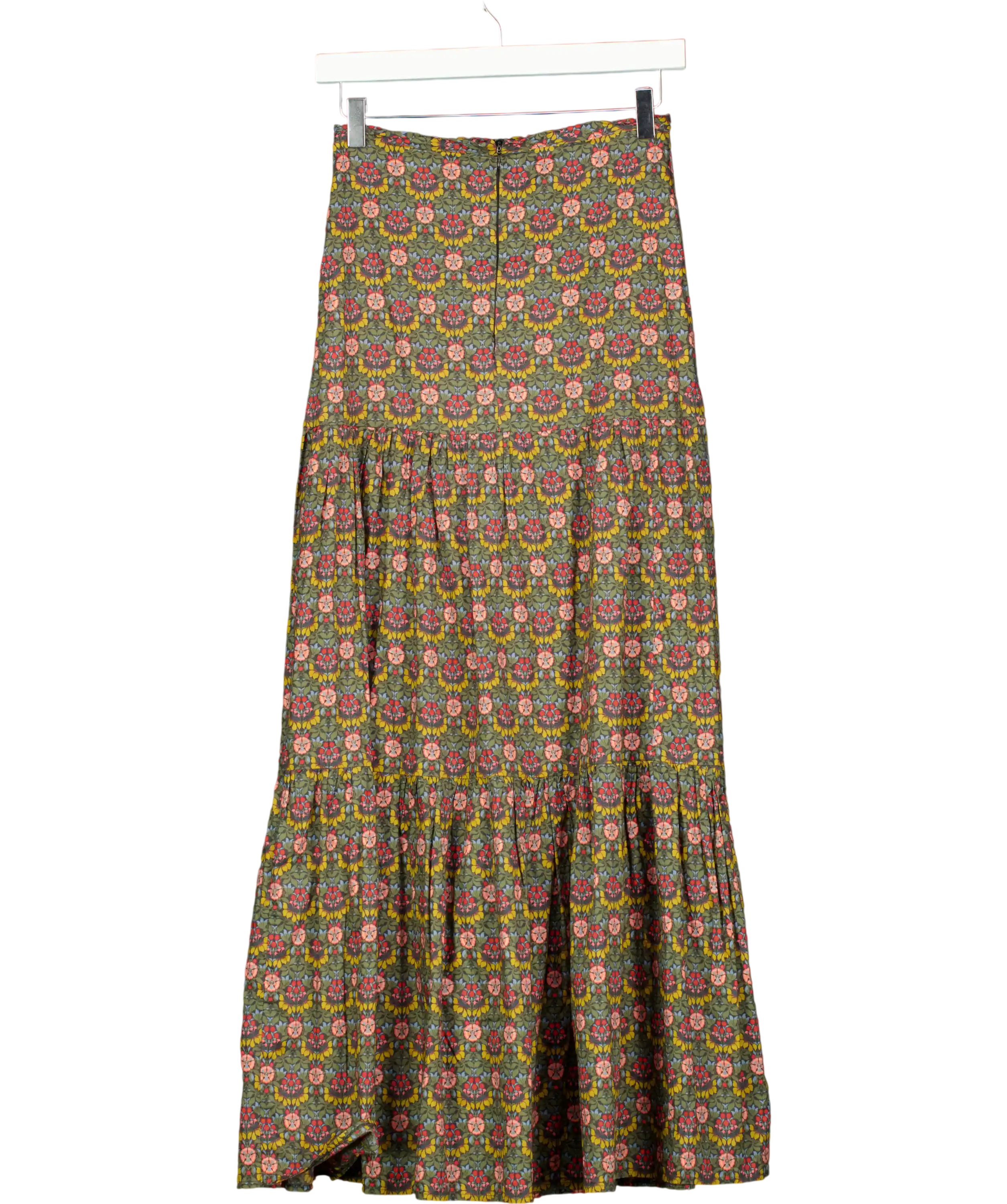 RIDLEY LONDON Olive Green Floral Tiered Cotton Midi Skirt UK 6