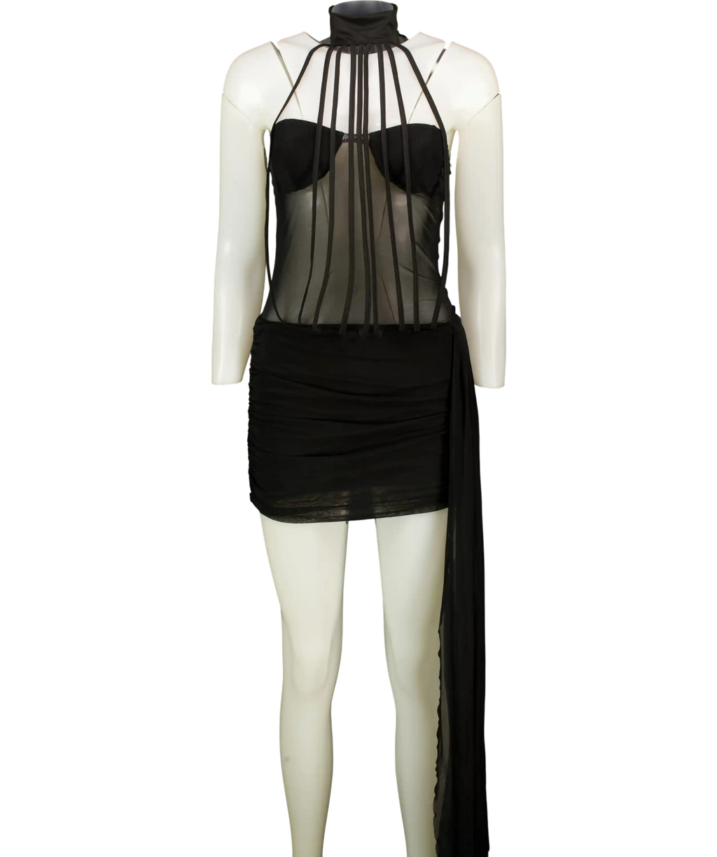 Miss Rosier Ivona Black Halterneck Ribbon Design Mini Dress UK S