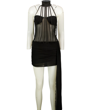 Miss Rosier Ivona Black Halterneck Ribbon Design Mini Dress UK S