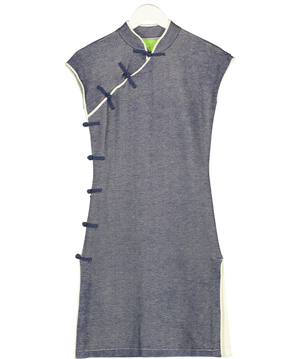 SHANGHAI TANG Blue Qipao Knit Midi Dress It40 UK 8
