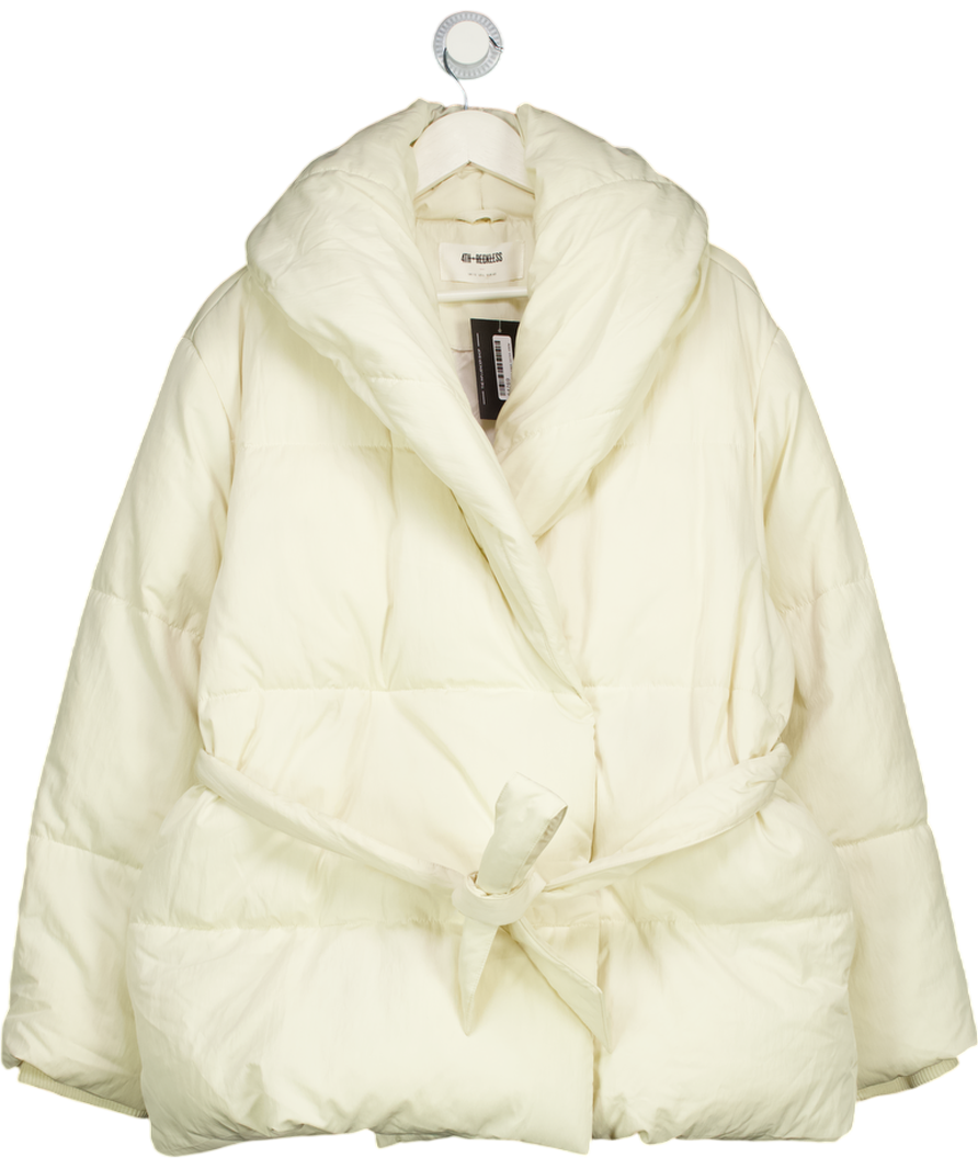 4th & Reckless Cream Collared Wrap Belted Puffer Jacket In Ecru UK 12