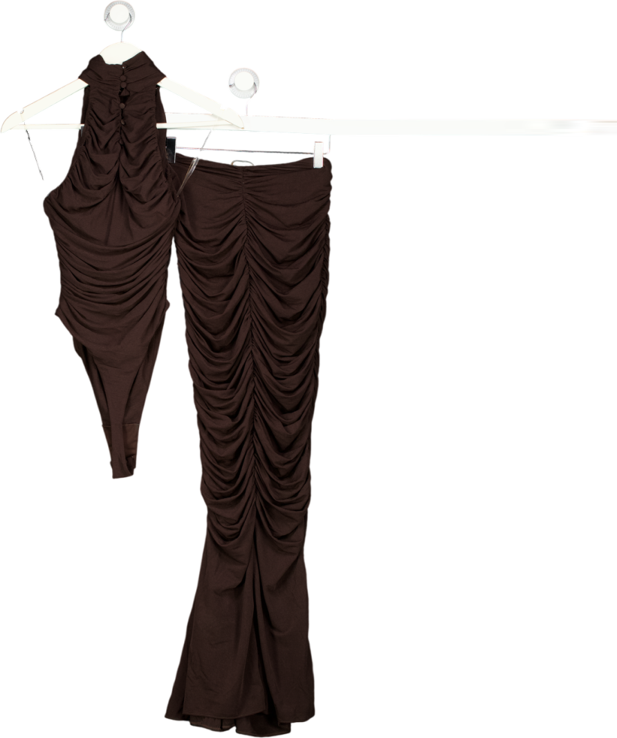 MESHKI 2-piece Brown Ruched Top And Skirt Set UK XS
