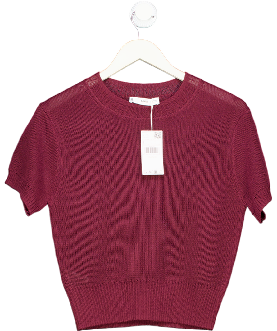 MANGO Burgundy Red Short Sleeve Knot Top UK S